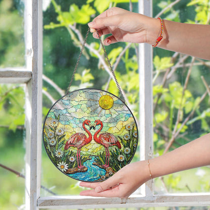 Two flamingos in love romantic stained glass suncatcher gift for nature lover friend