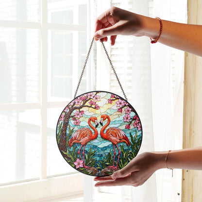 flamingo couple with cherry blossoms stained glass suncatcher gift for nature lover friend