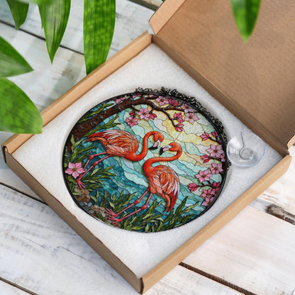 flamingo couple with cherry blossoms stained glass suncatcher gift for nature lover friend