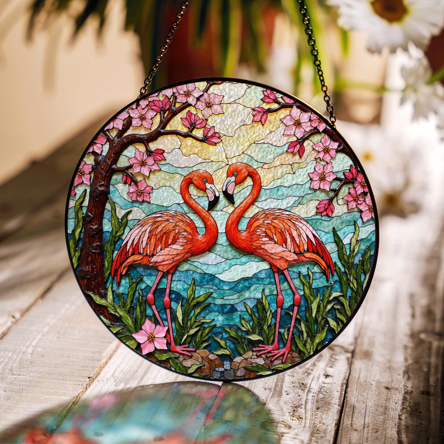 flamingo couple with cherry blossoms stained glass suncatcher gift for nature lover friend