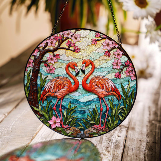 flamingo couple with cherry blossoms stained glass suncatcher gift for nature lover friend