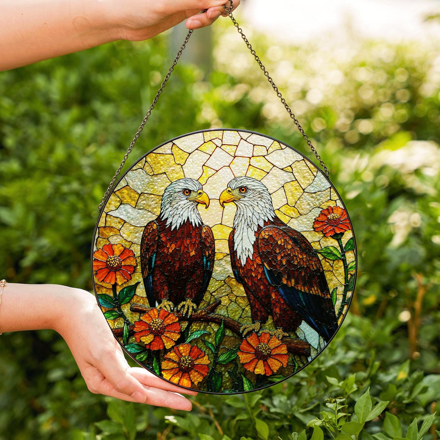 Two bald eagles and zinnias stained glass style eagle suncatcher gift for nature dad