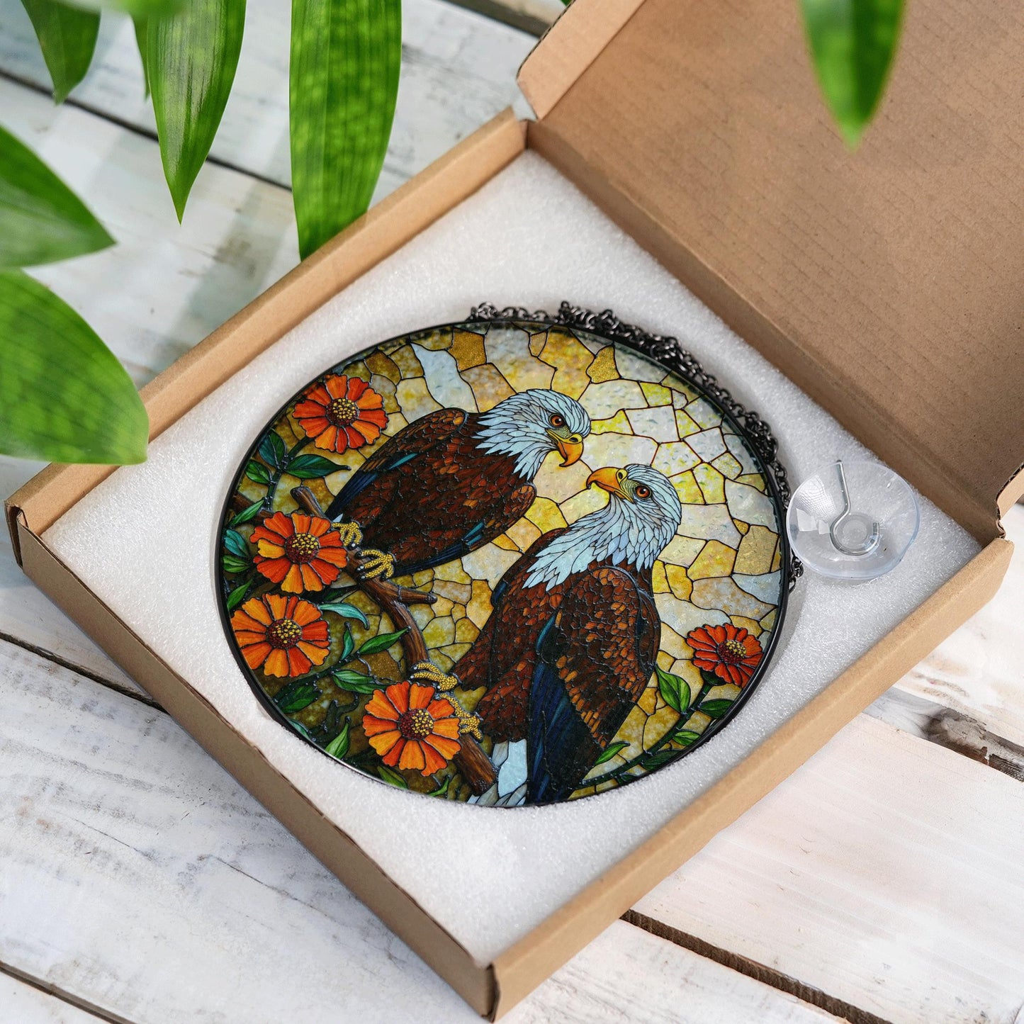 Two bald eagles and zinnias stained glass style eagle suncatcher gift for nature dad