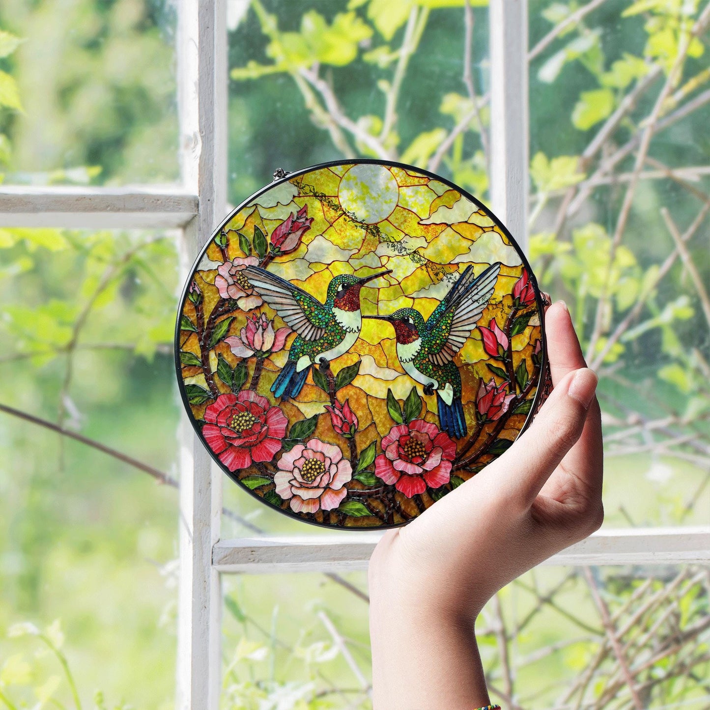 two hummingbirds flying in flowers stained glass suncatcher gift for bird lovers