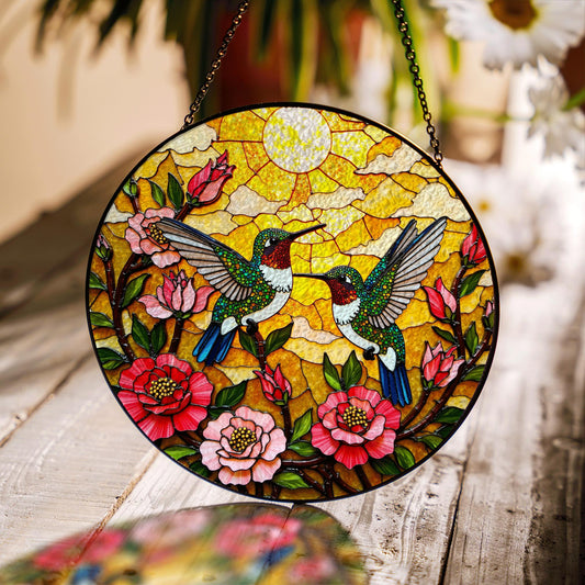 two hummingbirds flying in flowers stained glass suncatcher gift for bird lovers