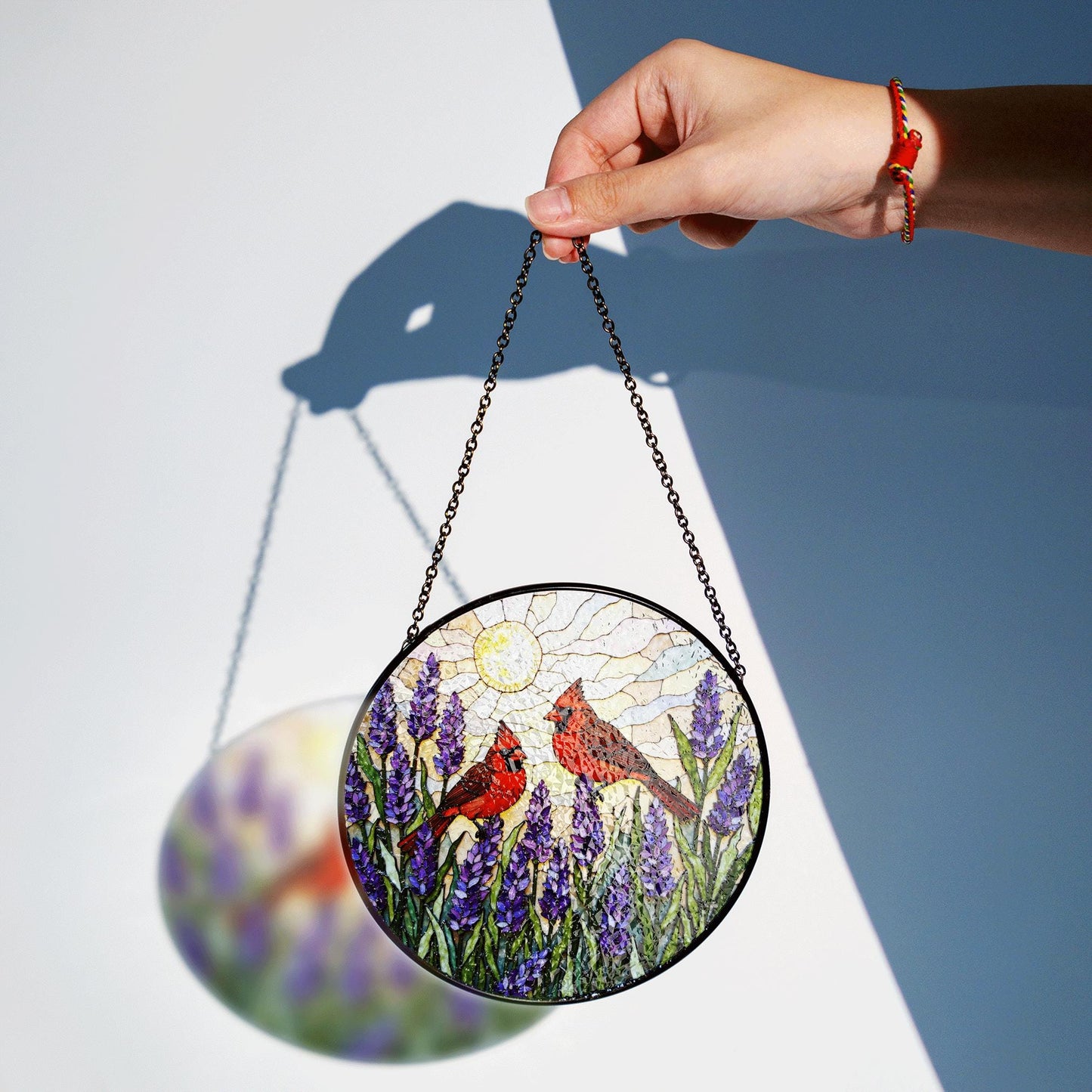 two cardinals with lavender garden round stained glass suncatcher birthday gift for bird lovers