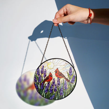 two cardinals with lavender garden round stained glass suncatcher birthday gift for bird lovers