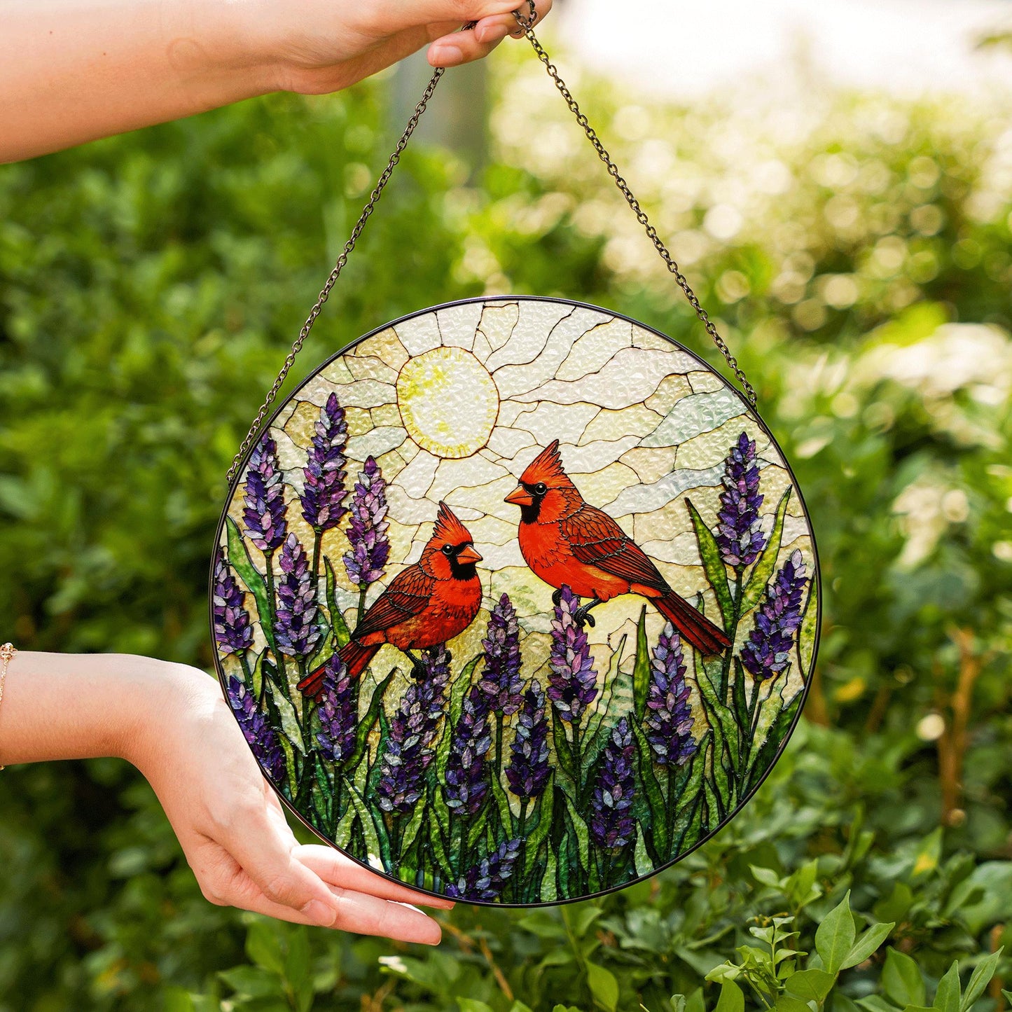 two cardinals with lavender garden round stained glass suncatcher birthday gift for bird lovers