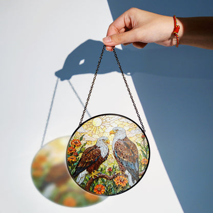 bald eagles perched among orange flowers round stained glass suncatcher gift for dad