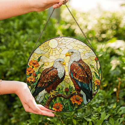 bald eagles perched among orange flowers round stained glass suncatcher gift for dad