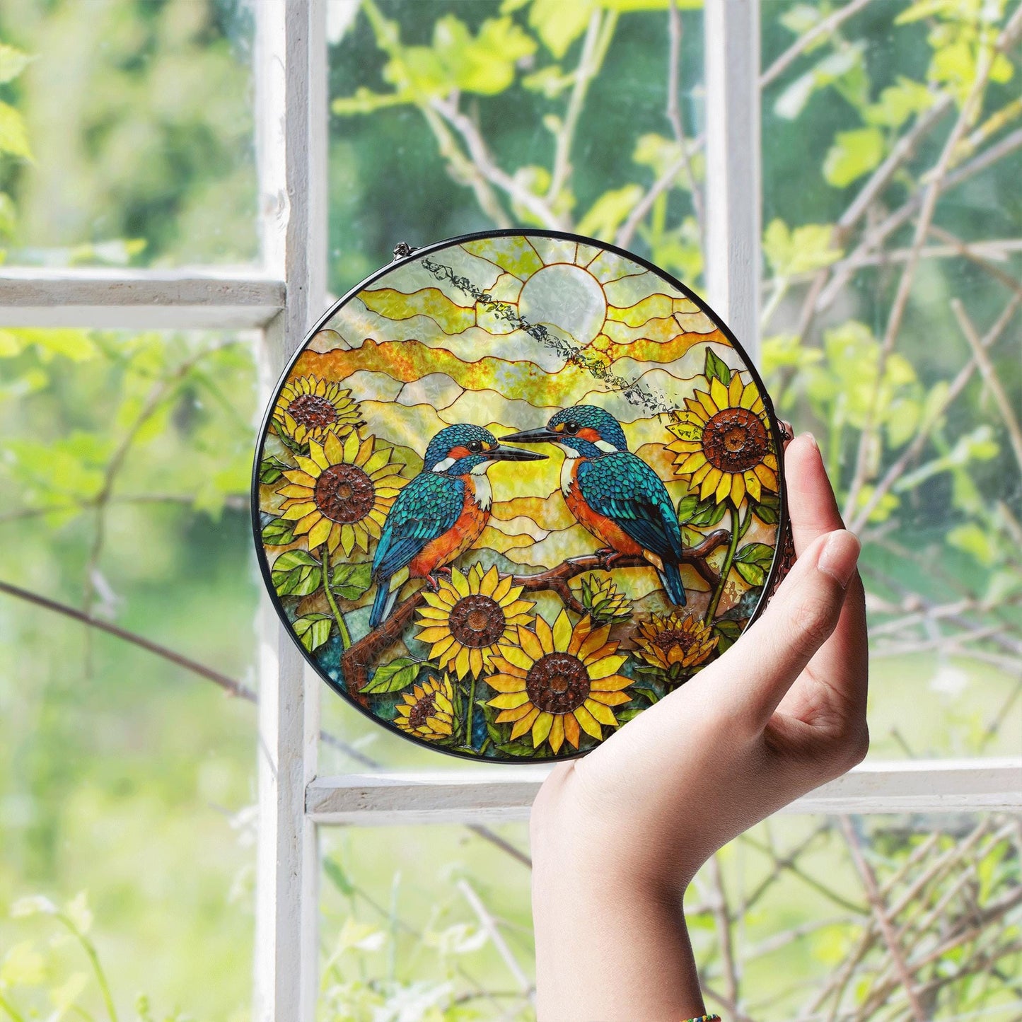 Two kingfishers on sunflower branch stained glass suncatcher bird window decor gift