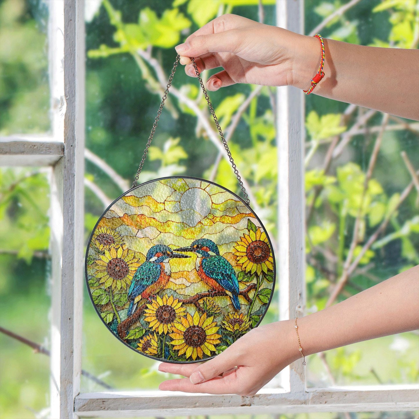 Two kingfishers on sunflower branch stained glass suncatcher bird window decor gift