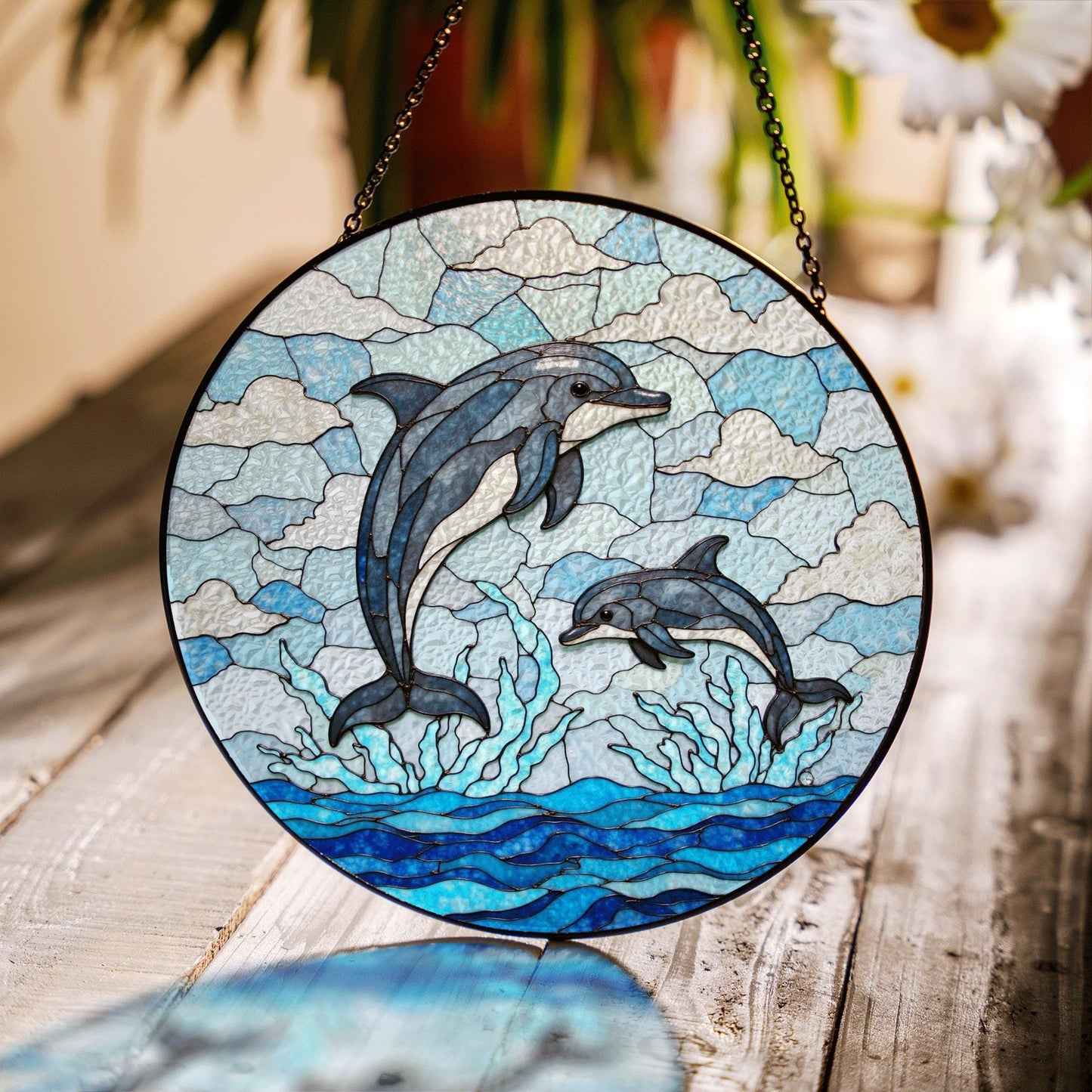 jumping dolphins over ocean waves stained glass suncatcher ocean window decor gift for ocean lover