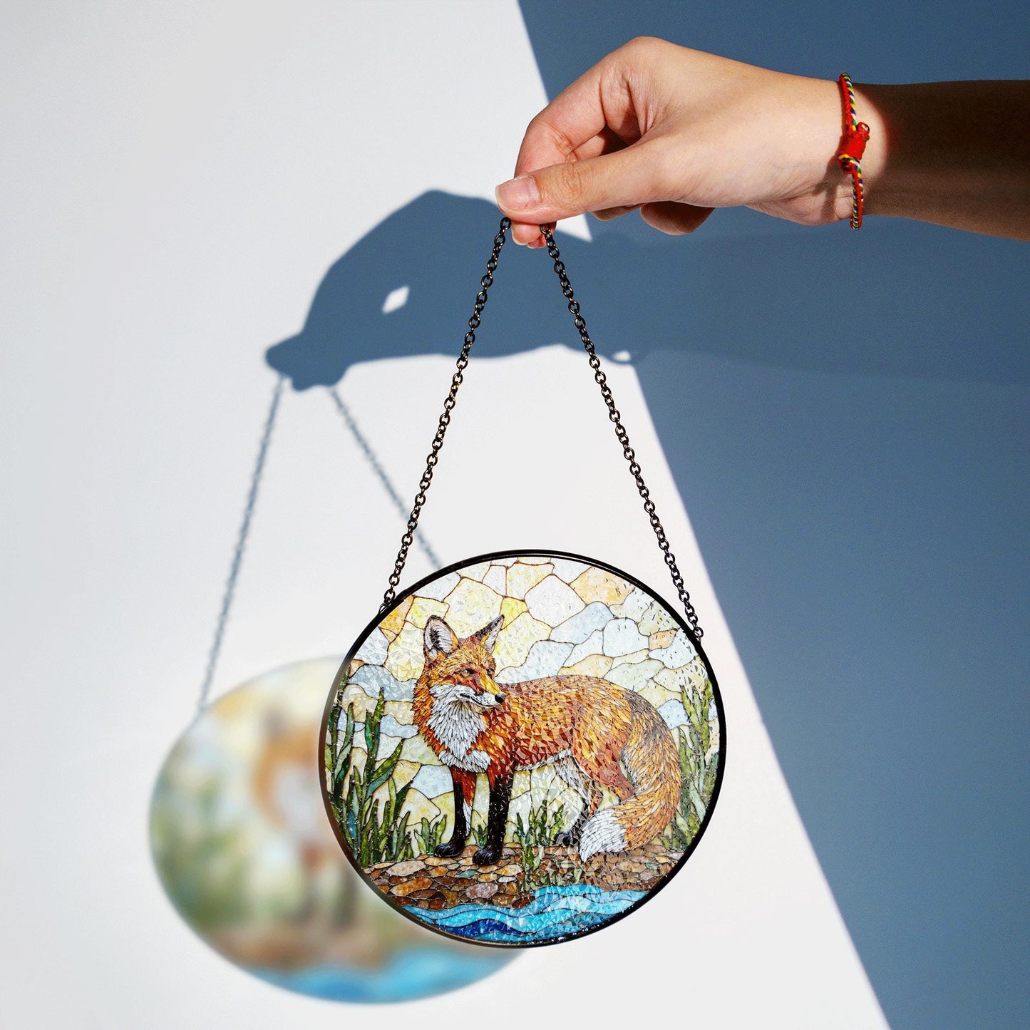 vivid red fox in forest stained glass suncatcher woodland animal window decor birthday gift for nature lover