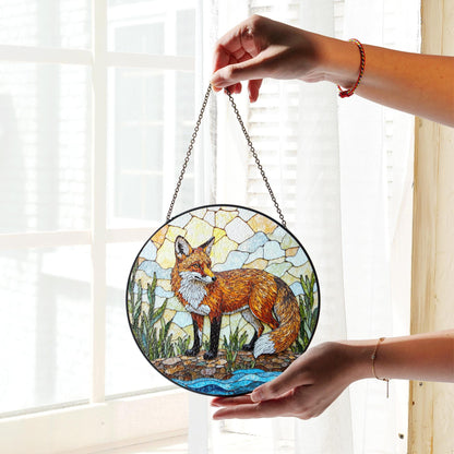 vivid red fox in forest stained glass suncatcher woodland animal window decor birthday gift for nature lover