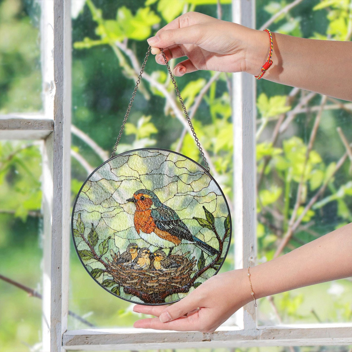 robin feeding nestlings stained glass suncatcher nature window art gift for mom or bird lover