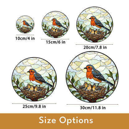 robin feeding nestlings stained glass suncatcher nature window art gift for mom or bird lover
