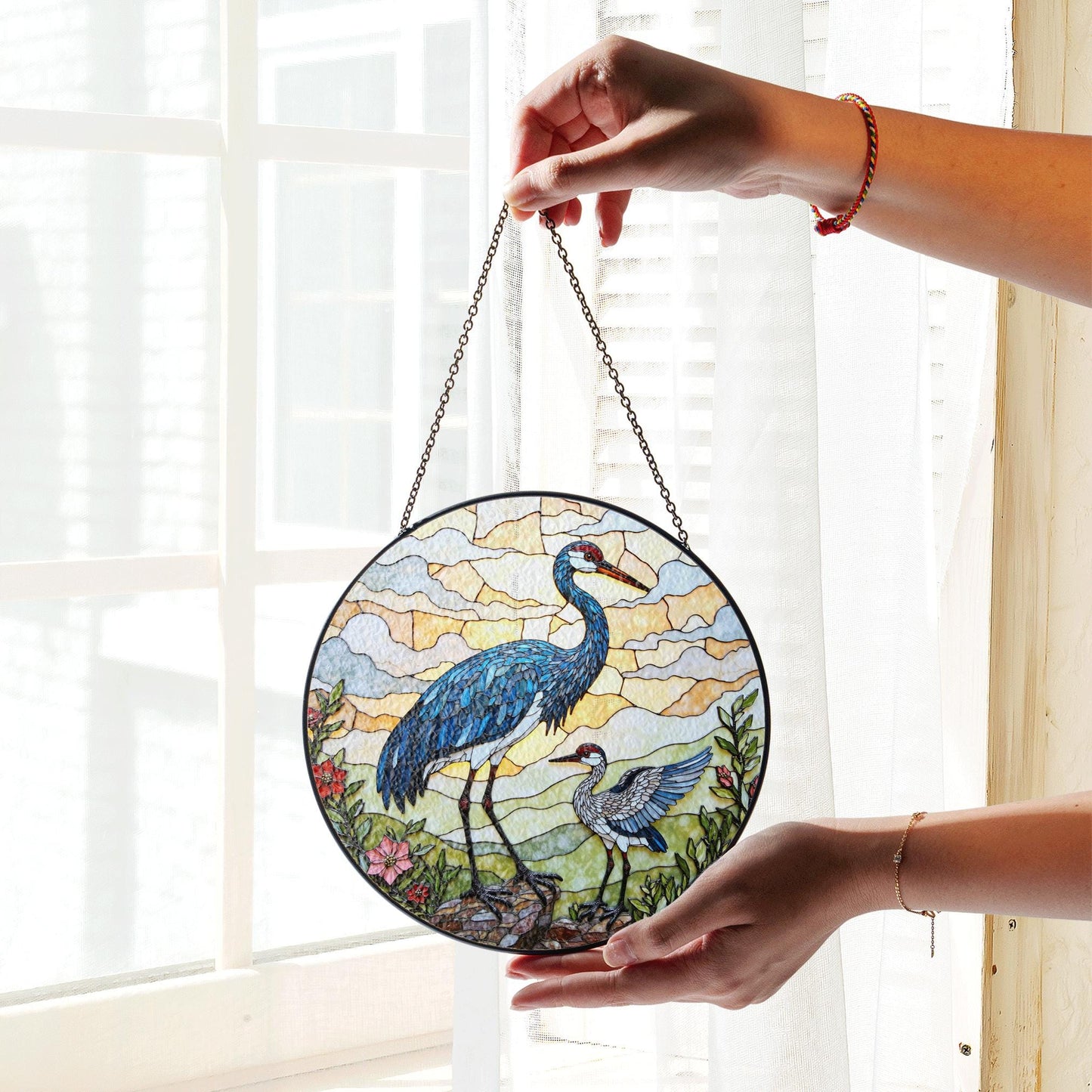 crane and chick standing in meadow stained glass suncatcher bird window decor gift for mom or nature lover
