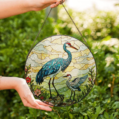 crane and chick standing in meadow stained glass suncatcher bird window decor gift for mom or nature lover
