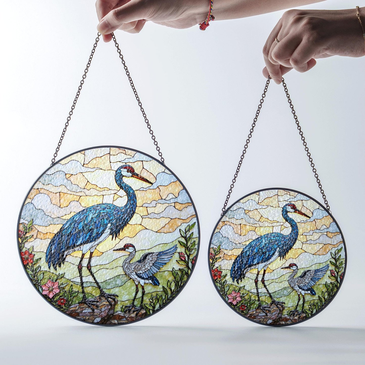 crane and chick standing in meadow stained glass suncatcher bird window decor gift for mom or nature lover