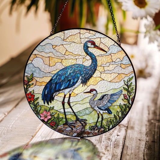 crane and chick standing in meadow stained glass suncatcher bird window decor gift for mom or nature lover