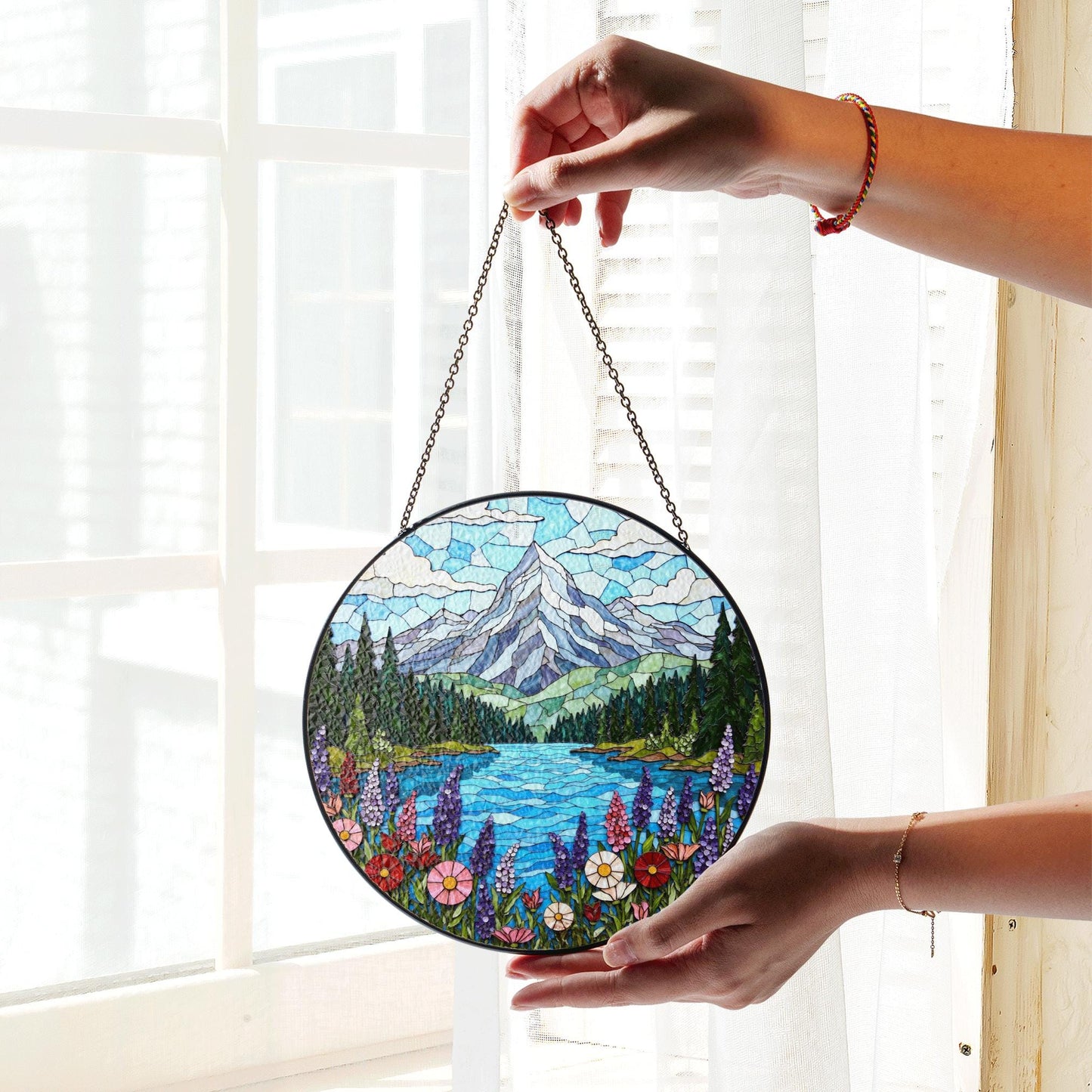 Mountain Lake View Suncatcher Stained Glass Style Window Decor Gift for Nature Lovers