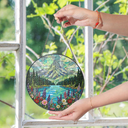 Mountain Lake View Suncatcher Stained Glass Style Window Decor Gift for Nature Lovers