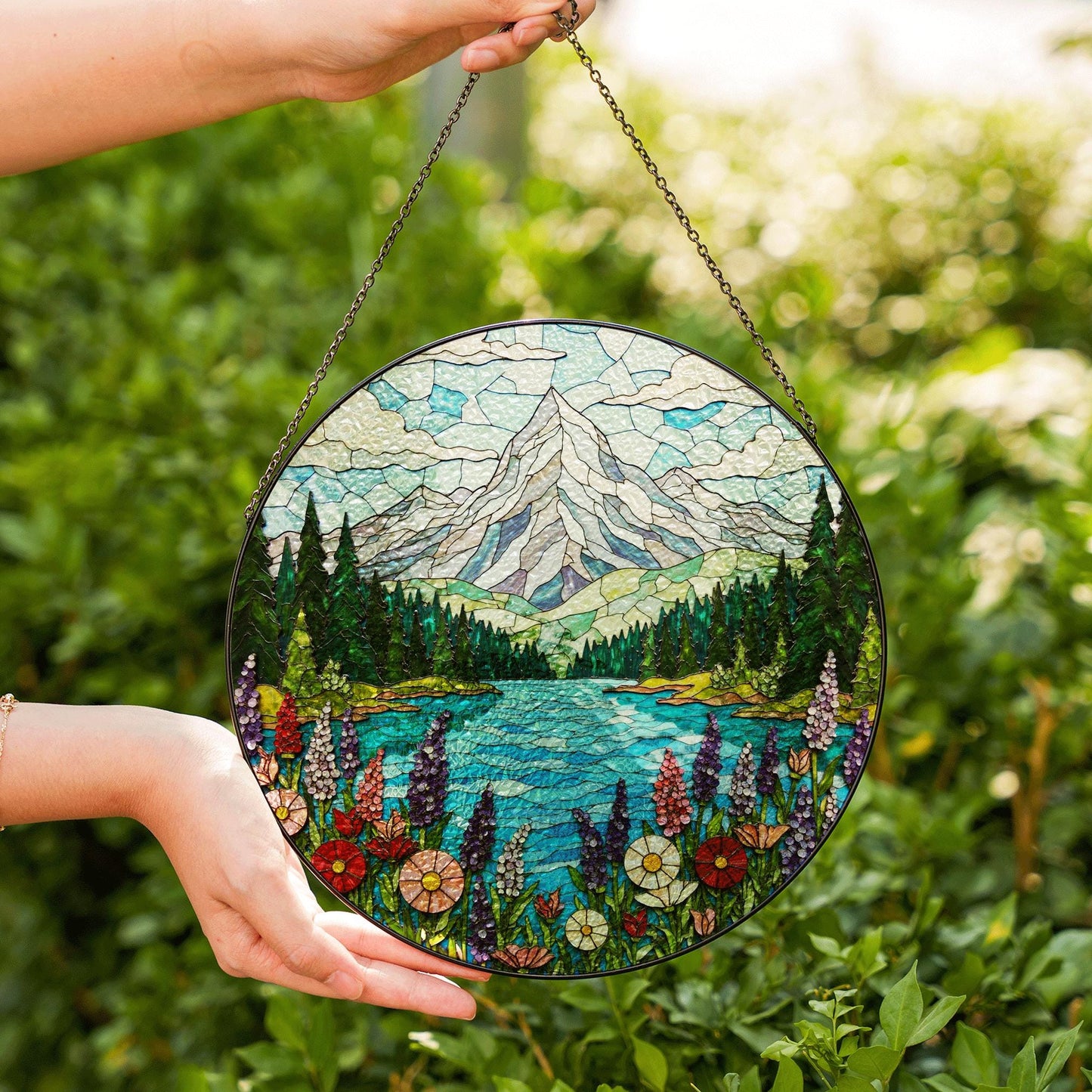 Mountain Lake View Suncatcher Stained Glass Style Window Decor Gift for Nature Lovers