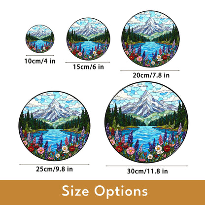 Mountain Lake View Suncatcher Stained Glass Style Window Decor Gift for Nature Lovers
