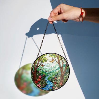 Butterfly Forest River View Nature Suncatcher Glass Window Art Gift for Nature Lovers