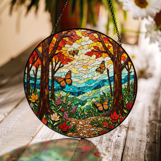 monarch butterfly forest path suncatcher vibrant stained glass decor for nature lover gift
