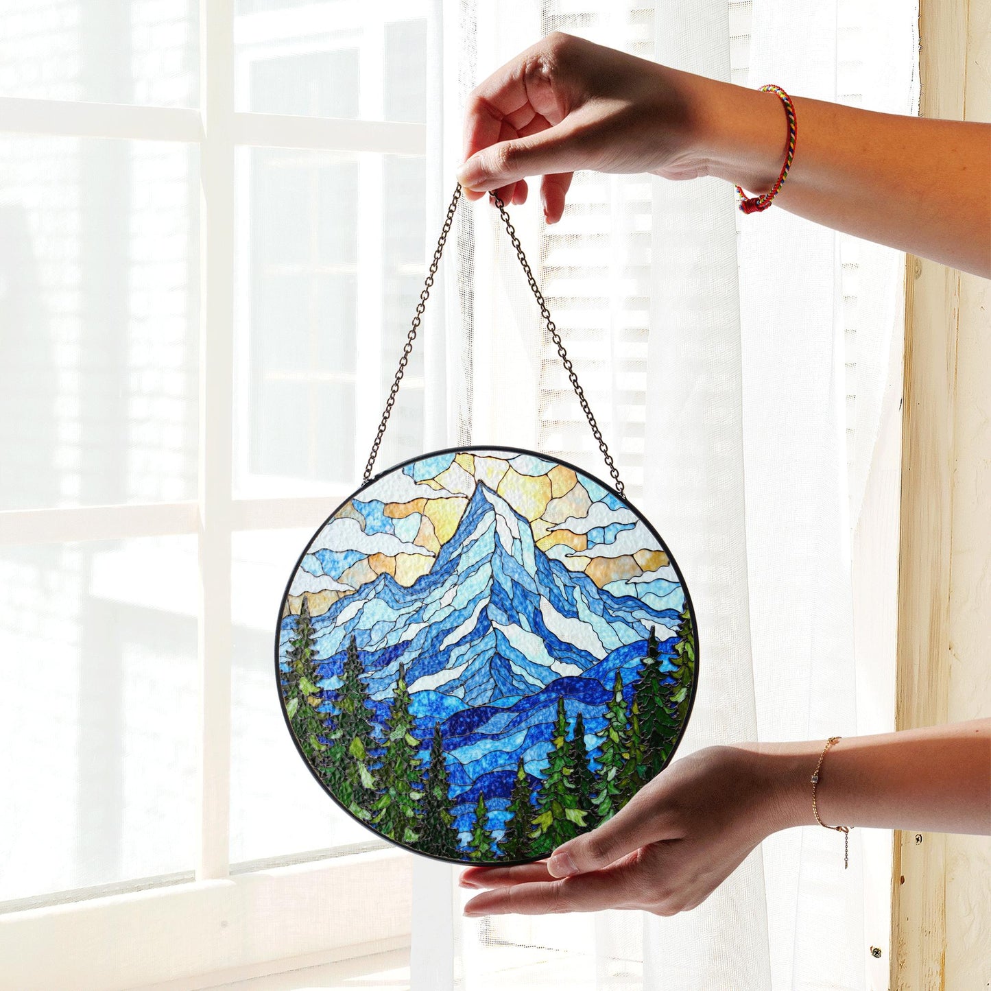 Mountain Pine Forest Scene Stained Glass Suncatcher Gift for Nature Lover