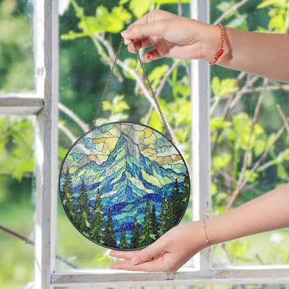 Mountain Pine Forest Scene Stained Glass Suncatcher Gift for Nature Lover