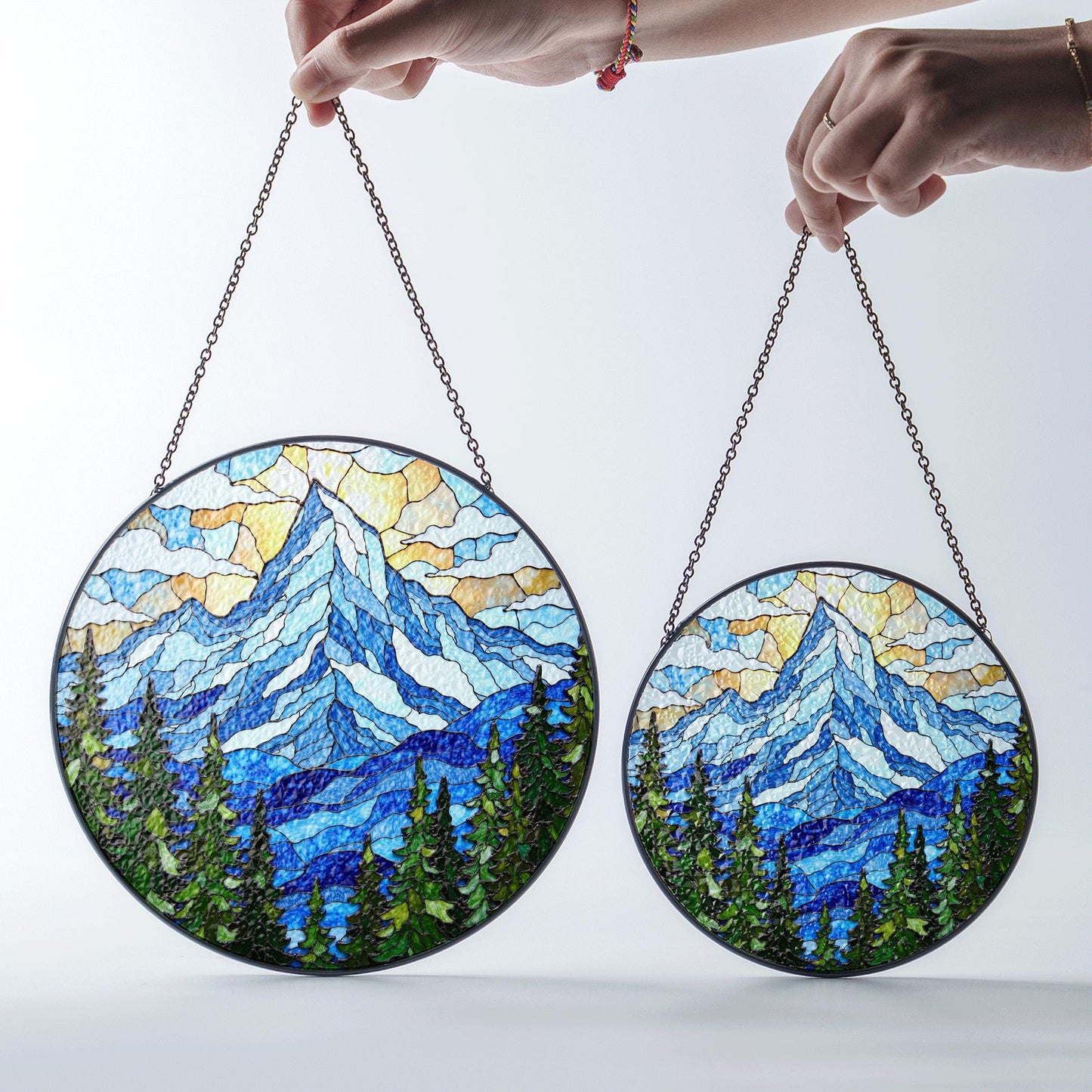 Mountain Pine Forest Scene Stained Glass Suncatcher Gift for Nature Lover