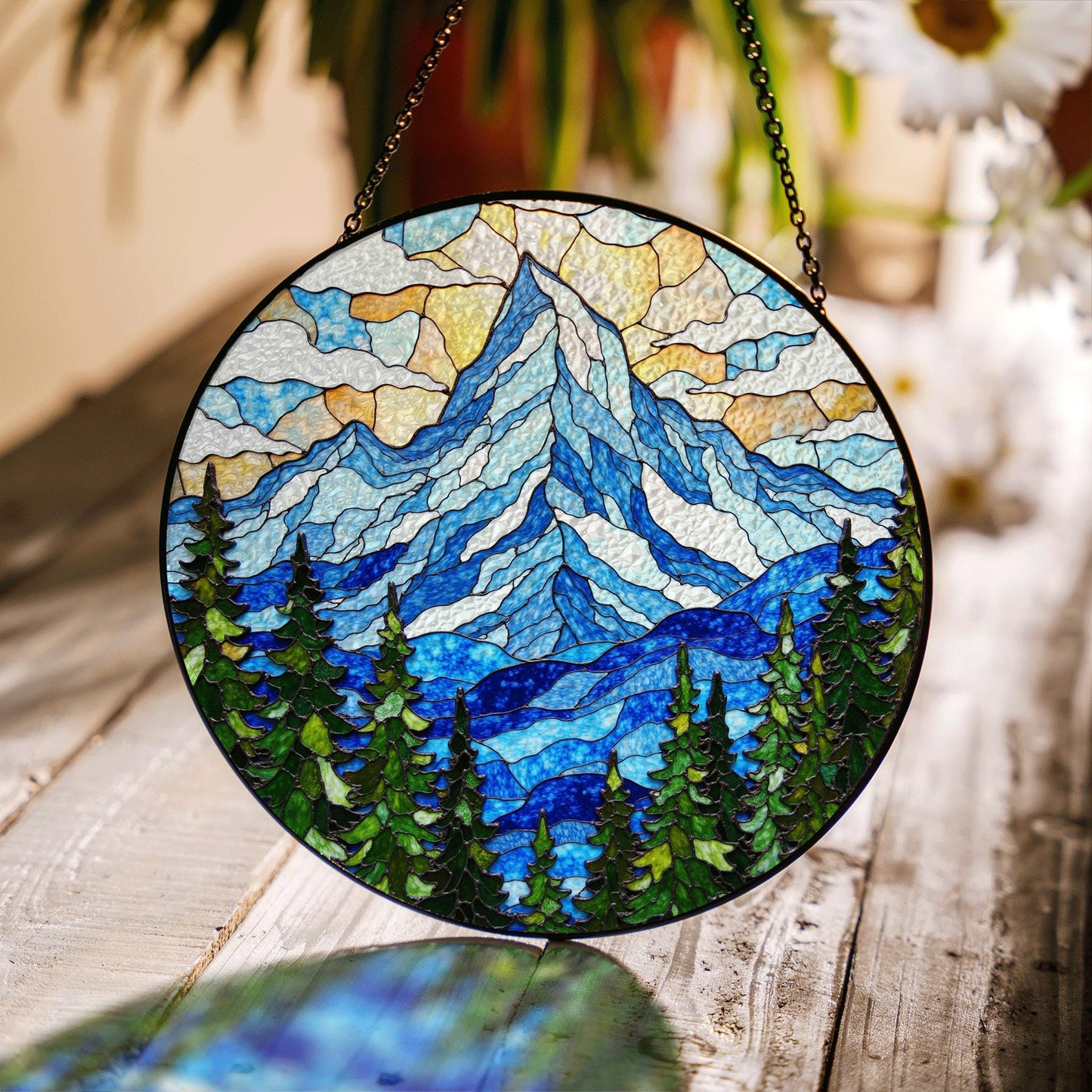 Mountain Pine Forest Scene Stained Glass Suncatcher Gift for Nature Lover