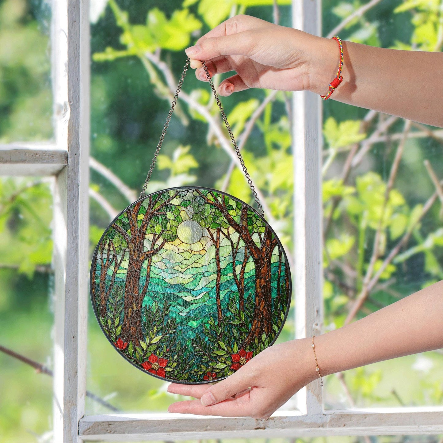 Forest Sun Mountain Scene Suncatcher Window Gift for Mom