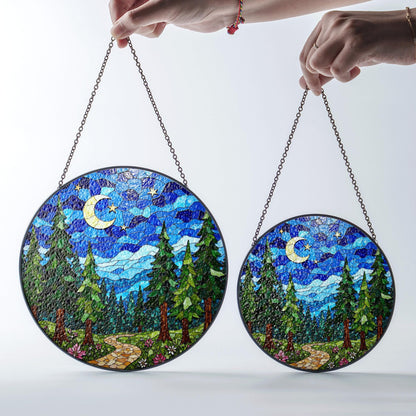 Crescent Moon Forest Night Suncatcher Window Decor Gift for Nature Lover