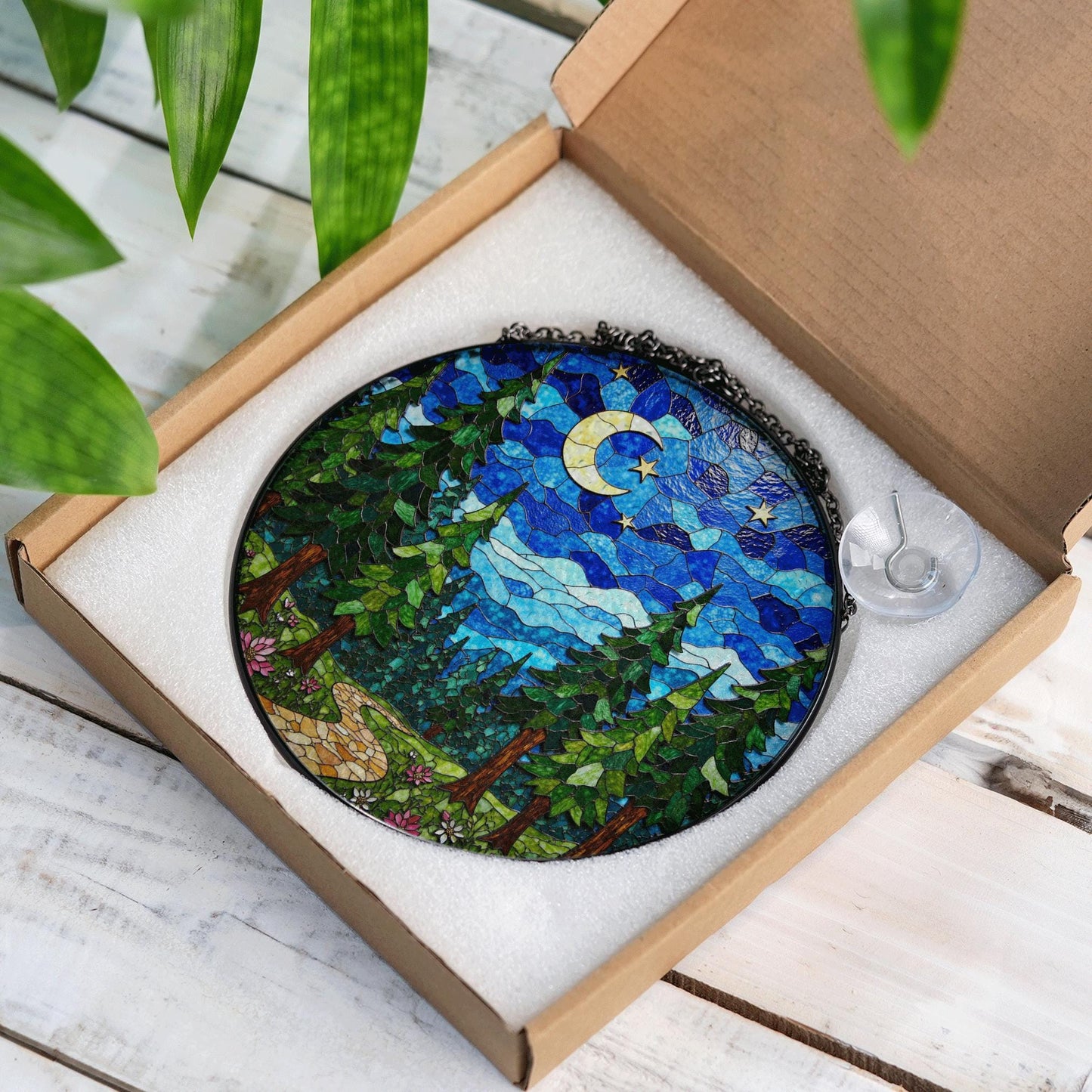 Crescent Moon Forest Night Suncatcher Window Decor Gift for Nature Lover