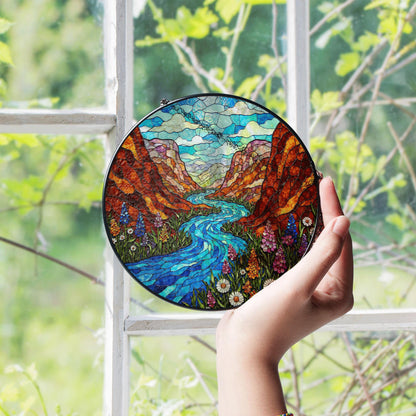 Canyon river wildflower valley suncatcher stained glass window gift for outdoor lovers