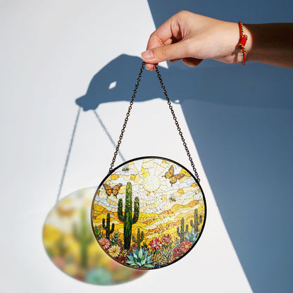 desert cactus butterfly scene stained glass suncatcher handmade sun catcher gift for mom