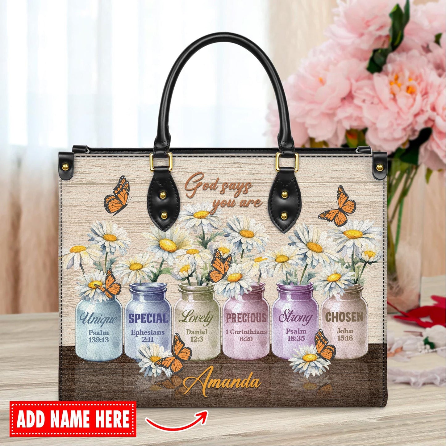 Personalized Leather Handbag Custom Name, Christian Gift, Gifts for Women, God Says You Are Bag, Colored Jars & Butterfly Design