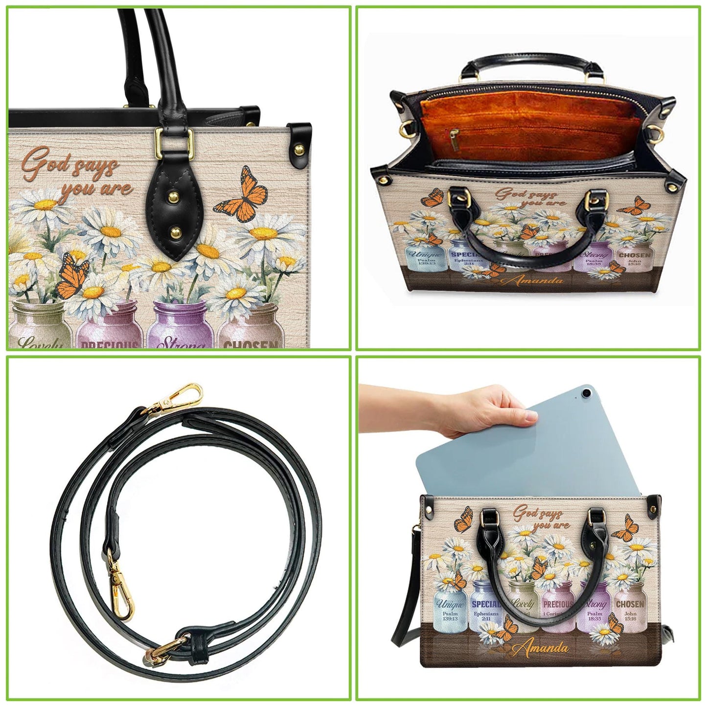 Personalized Leather Handbag Custom Name, Christian Gift, Gifts for Women, God Says You Are Bag, Colored Jars & Butterfly Design