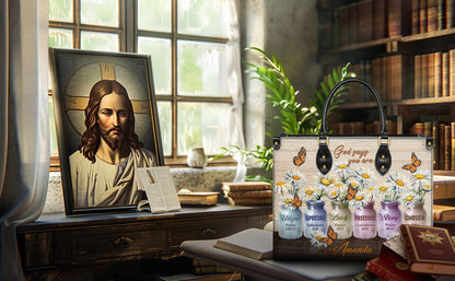 Personalized Leather Handbag Custom Name, Christian Gift, Gifts for Women, God Says You Are Bag, Colored Jars & Butterfly Design