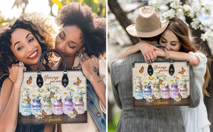 Personalized Leather Handbag Custom Name, Christian Gift, Gifts for Women, God Says You Are Bag, Colored Jars & Butterfly Design