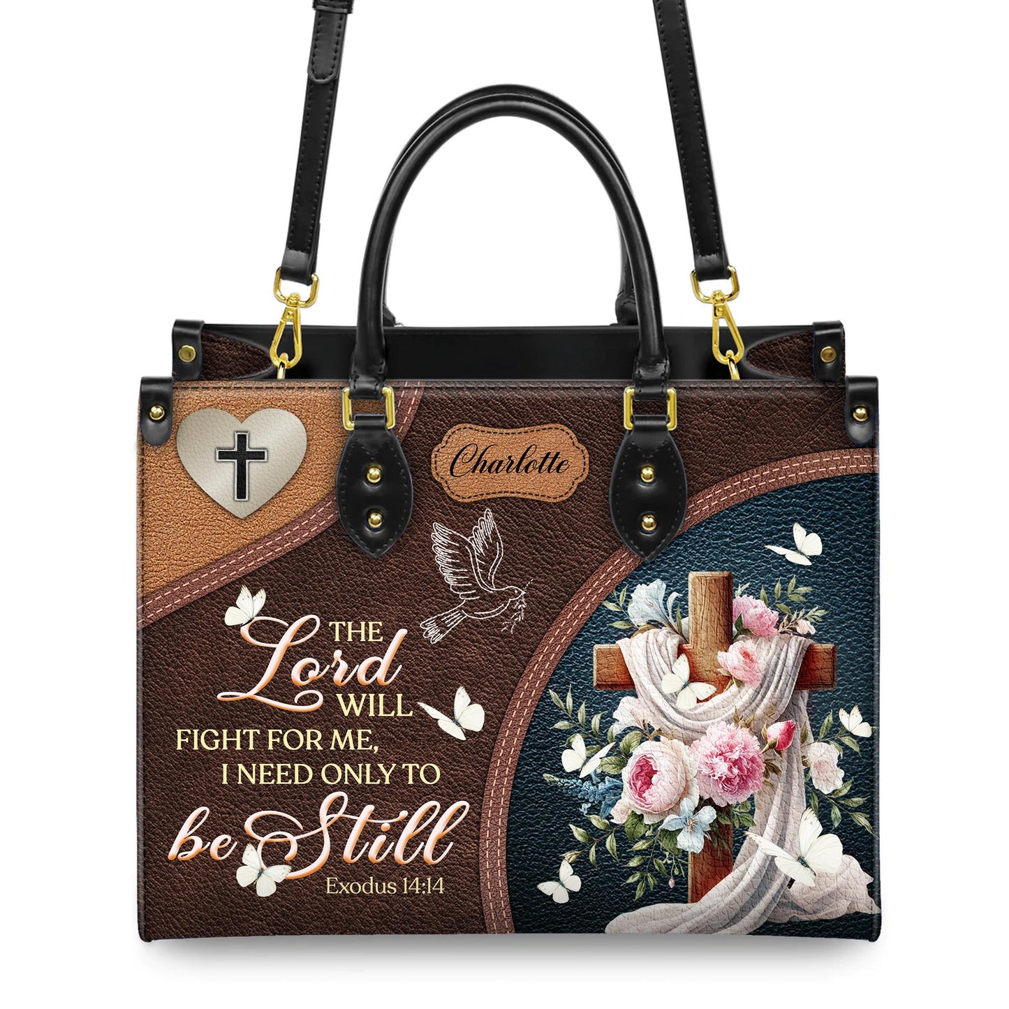 Personalized Christian Tote Bag, Custom Name Scripture Handbag, Exodus 14:14 Faux Leather Satchel, Religious Gift for Mom, Faith Bag