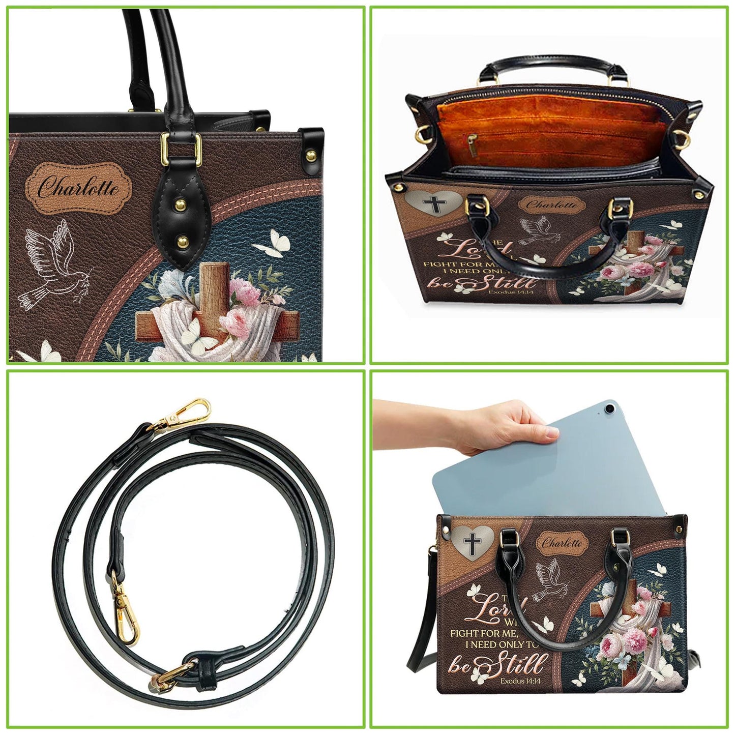 Personalized Christian Tote Bag, Custom Name Scripture Handbag, Exodus 14:14 Faux Leather Satchel, Religious Gift for Mom, Faith Bag