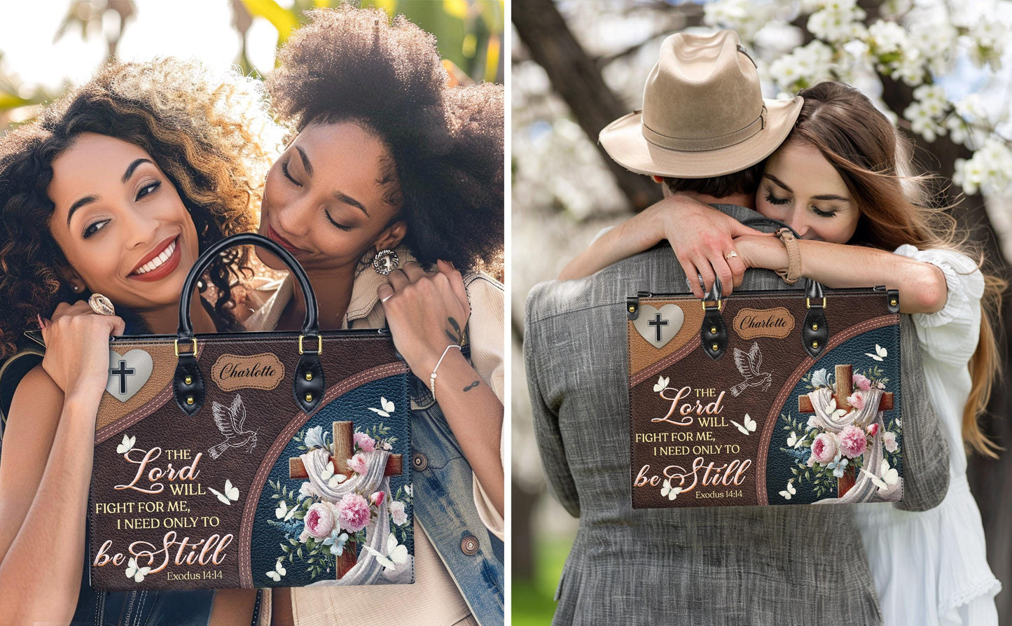 Personalized Christian Tote Bag, Custom Name Scripture Handbag, Exodus 14:14 Faux Leather Satchel, Religious Gift for Mom, Faith Bag