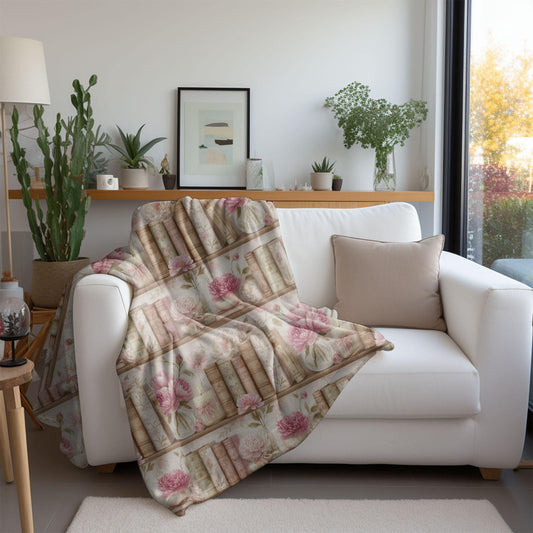 Bookish Cottagecore Throw Blanket Pastel Floral Bookshelf Fleece Blanket Cozy Coquette Pink Bow Reading Nook Home Decor Gift for Bookworm