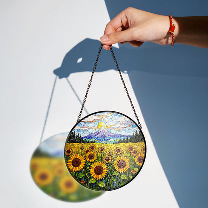 Sunflower Field Mountain Landscape Suncatcher Handmade Glass Window Decor Gift for Mom