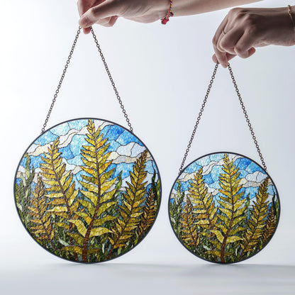 Forest Fern Leaves Stained Glass Suncatcher Round Window Hanging Nature Inspired Gift for Plant Lover